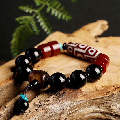 MythStone Tibetan Nine-Eye Dzi Bead Black Onyx Wealth Protection Bracelet