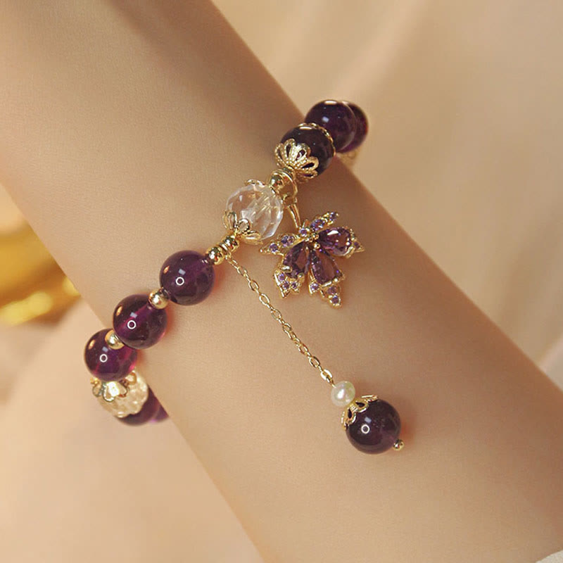 Mythstone 14k Gold Plated Natural Amethyst Healing Maple Leaf Charm Bracelet