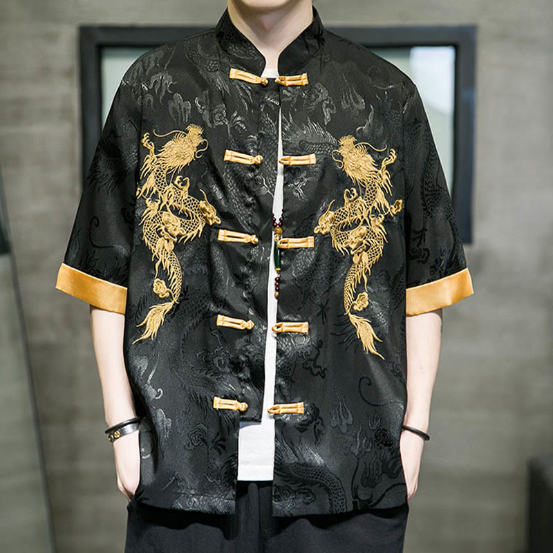 Mythstone Frog-Button Chinese Dragon Embroidery Half Sleeve Shirt Linen Men Clothing