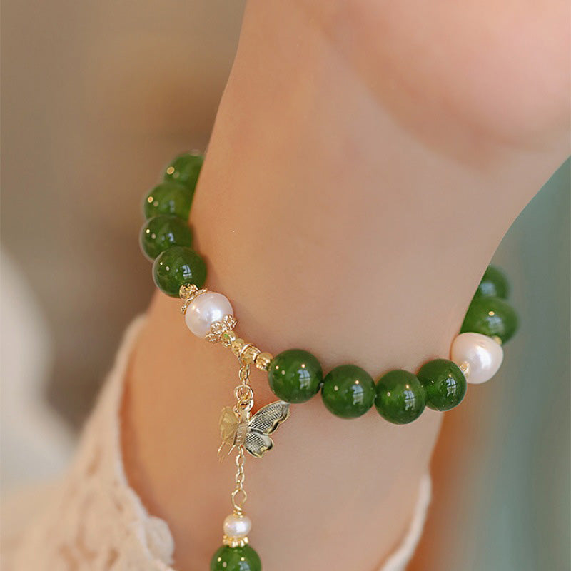 Mythstone Natural Green Chalcedony Pearl Butterfly Courage Strength Bracelet