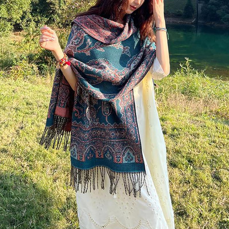 Mythstone Vintage Tibetan Leaves Pattern Design Shawl Cozy Travel Scarf Wrap