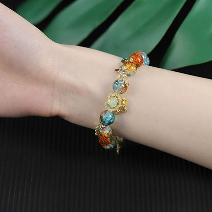 Mythstone Colorful Liuli Glass Bead Chinese Lock Charm Fortune Bracelet