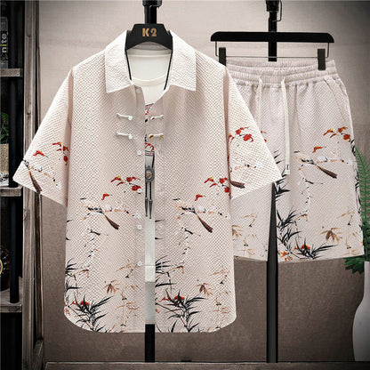 Mythstone Landscape Coconut Trees Magpie Pattern Short Sleeve Shorts Men's Set