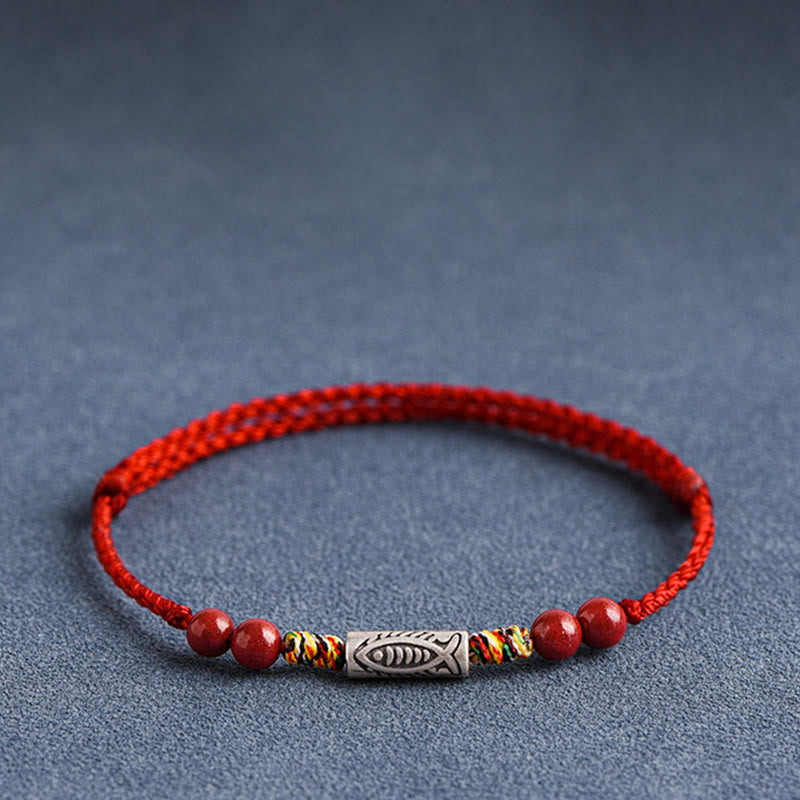 Mythstone 925 Sterling Silver Koi Fish Cinnabar Bead Wealth Handcrafted Braided Bracelet Anklet