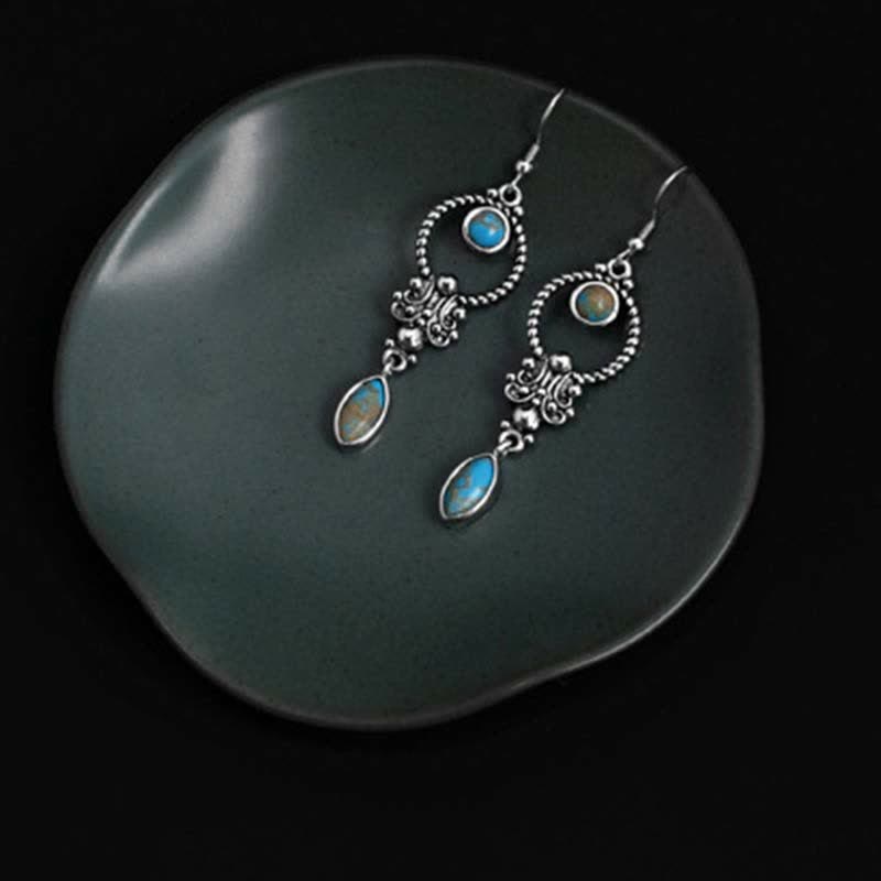 Mythstone 925 Sterling Silver Vintage Turquoise Waterdrop Pattern Balance Drop Dangle Earrings