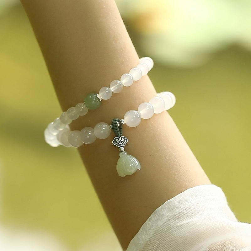 Mythstone White Agate Jade Lotus Protection Bracelet