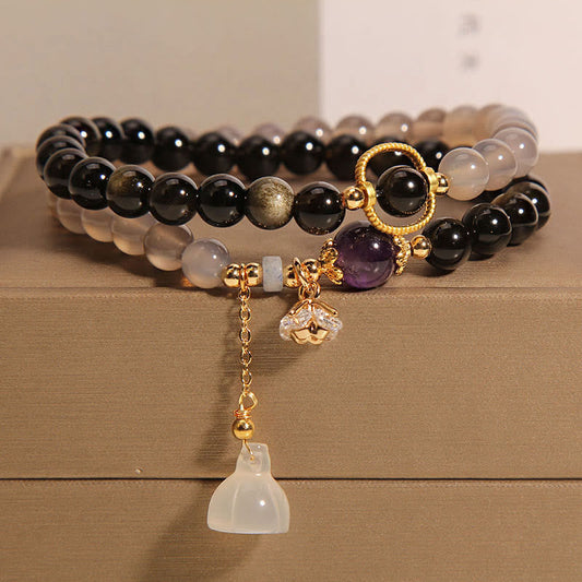 Mythstone Gold Sheen Obsidian Gray Agate Lotus Charm Strengthen Double Wrap Bracelet