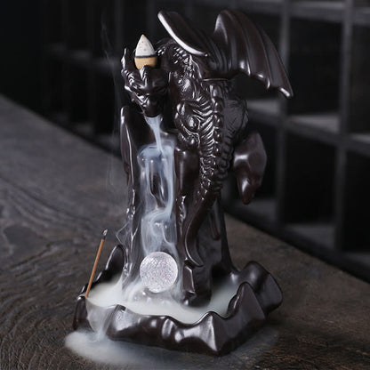 Mythstone Nordic Dragon Ceramic Backflow Smoke Fountain Meditation Healing Incense Burner Led Ball Decoration