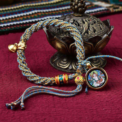 Mythstone Tibetan Handmade Luck Protection Thangka Prayer Wheel Bell Charm Braid String Bracelet