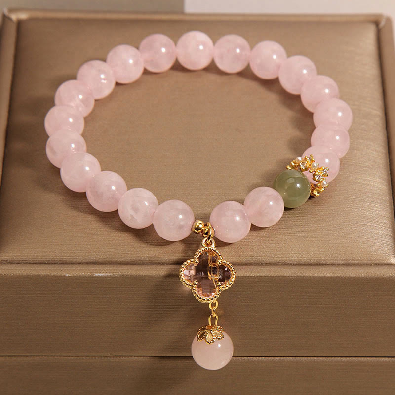 Mythstone Natural Pink Crystal Four Leaf Clover Soothing Bracelet