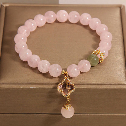 Mythstone Natural Pink Crystal Four Leaf Clover Soothing Bracelet