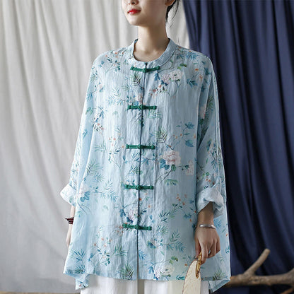 Mythstone Light Green Pink Flowers Green Leaves Frog-Button Long Sleeve Ramie Linen Jacket Shirt