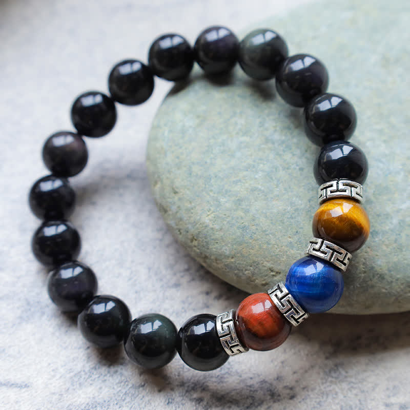 Natural Black Obsidian Tricolor Tiger Eye Strength Bracelet