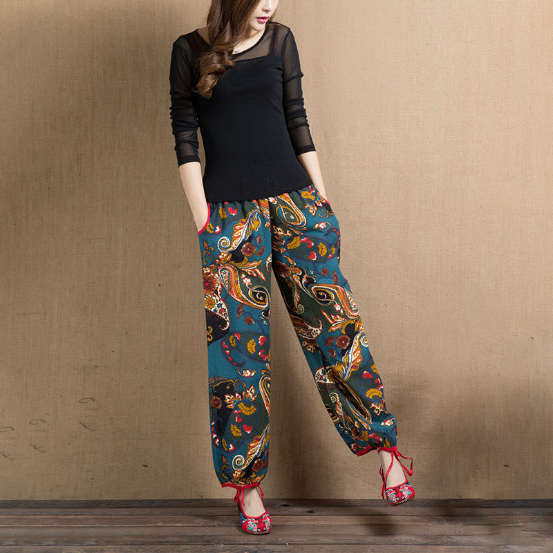 Mythstone Fan Cashew Flower Pattern Cotton Linen Harem Pants With Pockets