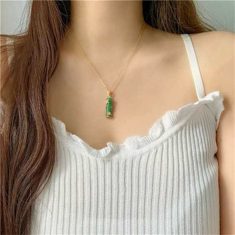 Mythstone White Jade Cyan Jade Bamboo Luck Protection Necklace Pendant