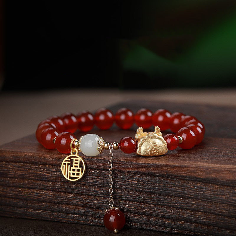 MythStone Year Of The Dragon Red Agate Gray Agate Dumpling Luck Fu Character Bracelet