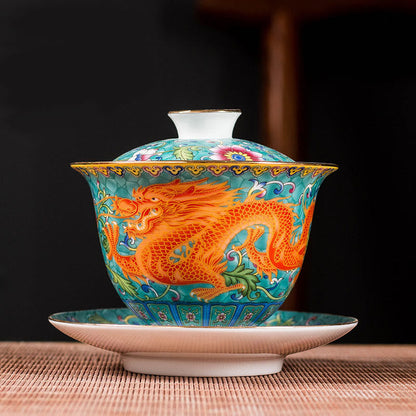 Mythstone Dragon Phoenix Flower Design Ceramic Gaiwan Sancai Teacup Kung Fu Tea Cup And Saucer With Lid