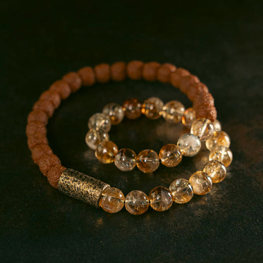 Mythstone Natural Citrine Crystal Rudraksha Bodhi Seed Brass Bead Prosperity Double Wrap Bracelet