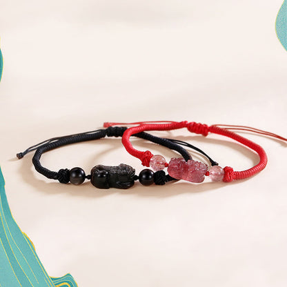 Mythstone Handmade Natural Silver Sheen Obsidian Strawberry Quartz PiXiu Protection Braided Bracelet