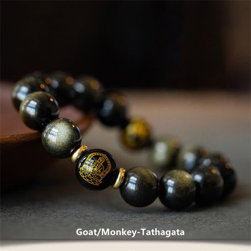 Mythstone Chinese Zodiac Natal Buddha Gold Sheen Obsidian Wealth Protection Bracelet