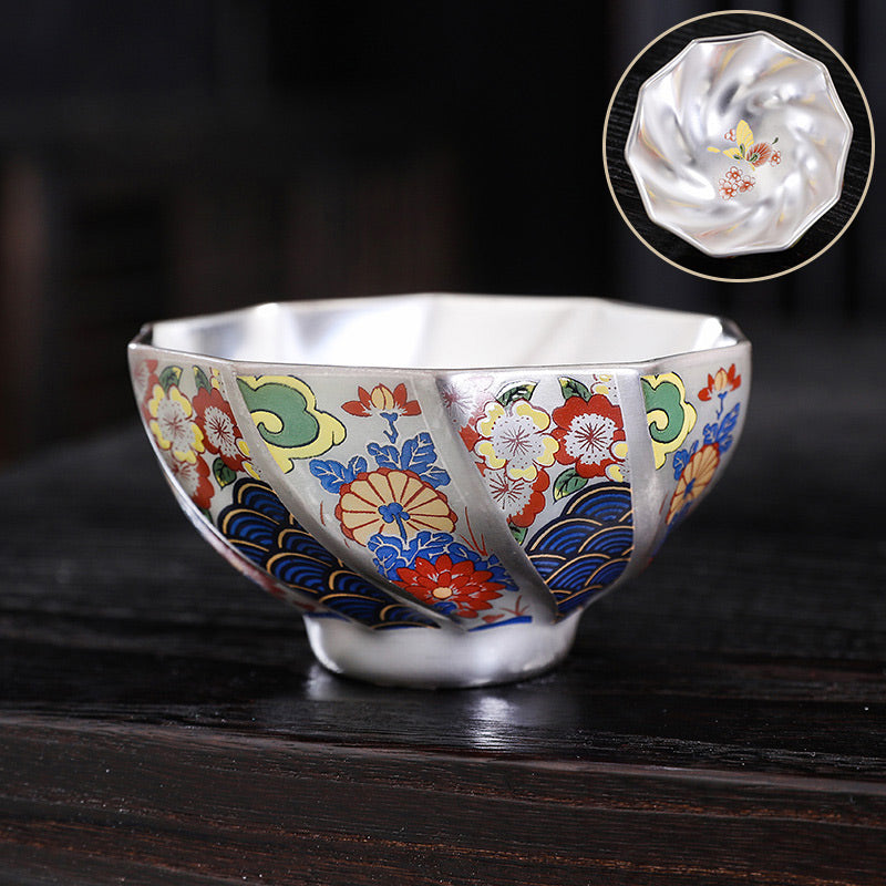 Mythstone 999 Sterling Silver Gilding Chrysanthemum Flowers Ceramic Teacup Kung Fu Tea Cup