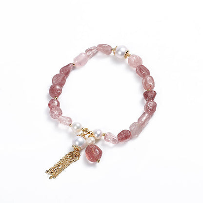 Mythstone Natural Strawberry Quartz Pearl 14k Gold Plated Love Healing Bracelet