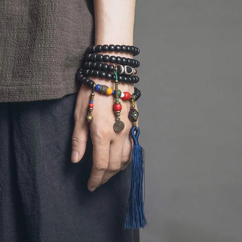 Mythstone 108 Beads Mala Ebony Wood Dzi Bead Copper Balance Tassel Bracelet - Image 4