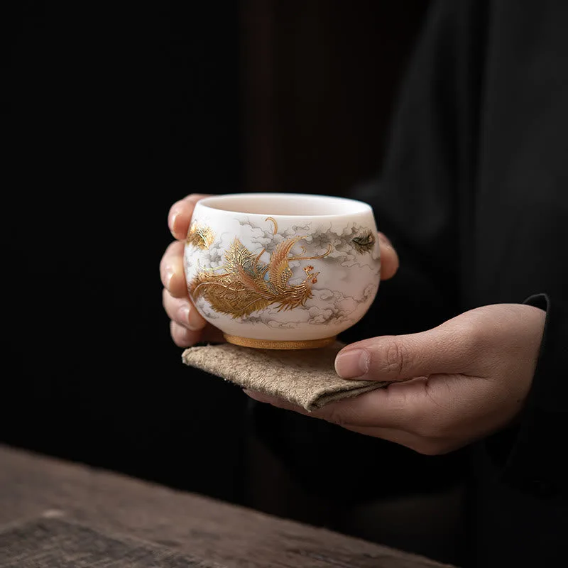 Mythstone Phoenix Dragon Lotus Deer Ancient Building Koi Fish Ceramic Teacup Kung Fu Tea Cups - Image 3