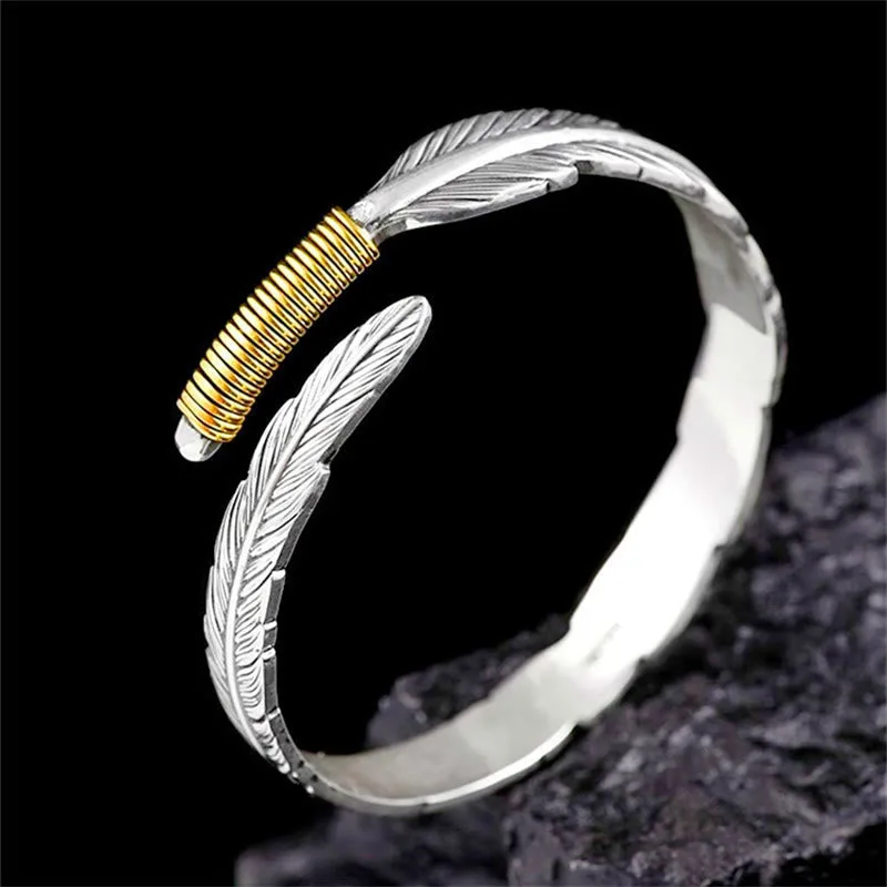 Mythstone Feather Pattern Engraved Luck Cuff Bracelet Bangle - Image 3