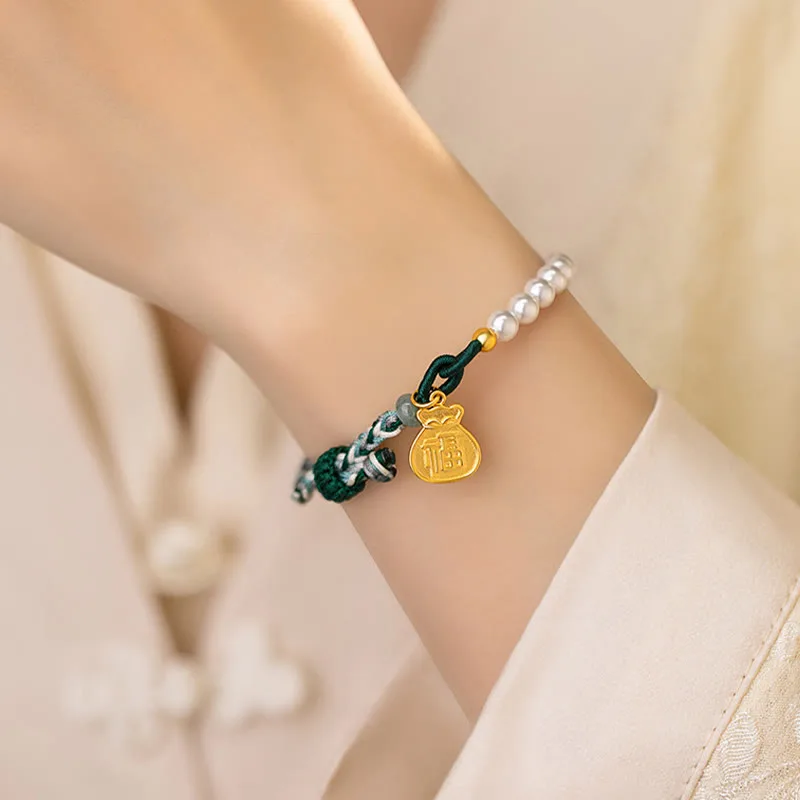 Mythstone 925 Sterling Silver Fu Character Lucky Bag Pearl Hetian Jade Wisdom Rope Bracelet - Image 6