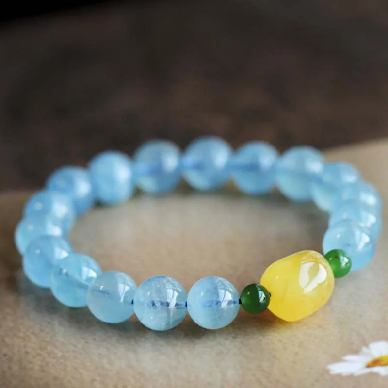 Natural Aquamarine Amber Beads Serenity Healing Bracelet - Image 9