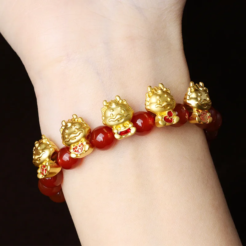 Mythstone Year of the Dragon Natural Red Agate Copper Coin Fu Character Protection Bracelet - Image 6
