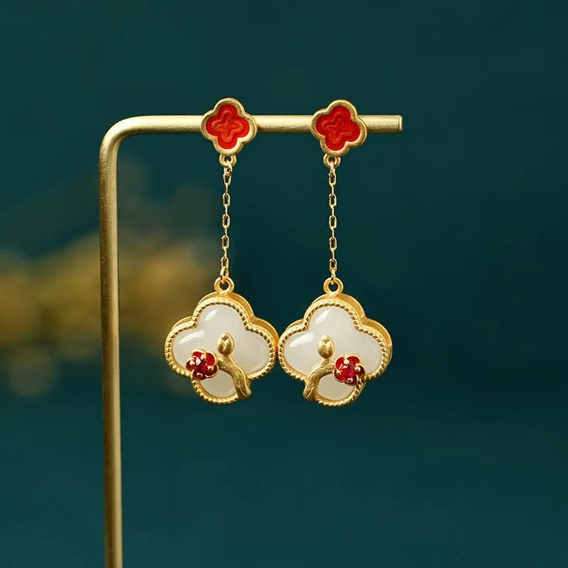 Mythstone 24K Gold Plated White Jade Four Leaf Clover Plum Blossom Luck Necklace Pendant Earrings - Image 7