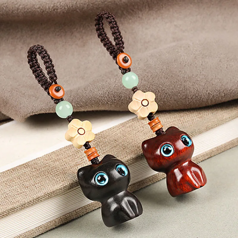 Mythstone Mini Small Leaf Red Sandalwood Ebony Wood Lucky Cat Lovely Kitty Peace Key Chain Phone Hanging Decoration - Image 13