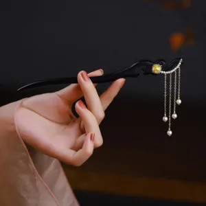 Mythstone Ebony Wood Yellow Flower Pearl Tassels Hairpin