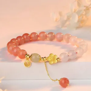 Mythstone 925 Sterling Silver Natural Gradient Agate Hetian Jade Fu Character Peach Blossom Flower Fortune Bracelet