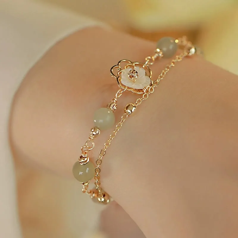 MythStone 14K Gold Plated Jade Butterfly Tridacna Stone Flower Double Layer Luck Bracelet - Image 16