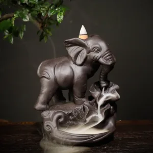 Mythstone Tibetan Elephant Purple Clay Backflow Smoke Fountain Peace Healing Incense Burner Decoration