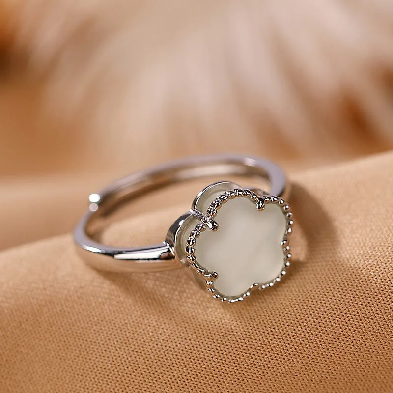 Mythstone 925 Sterling Silver Plated Gold Natural Hetian Jade Flower Luck Necklace Pendant Ring Set - Image 7