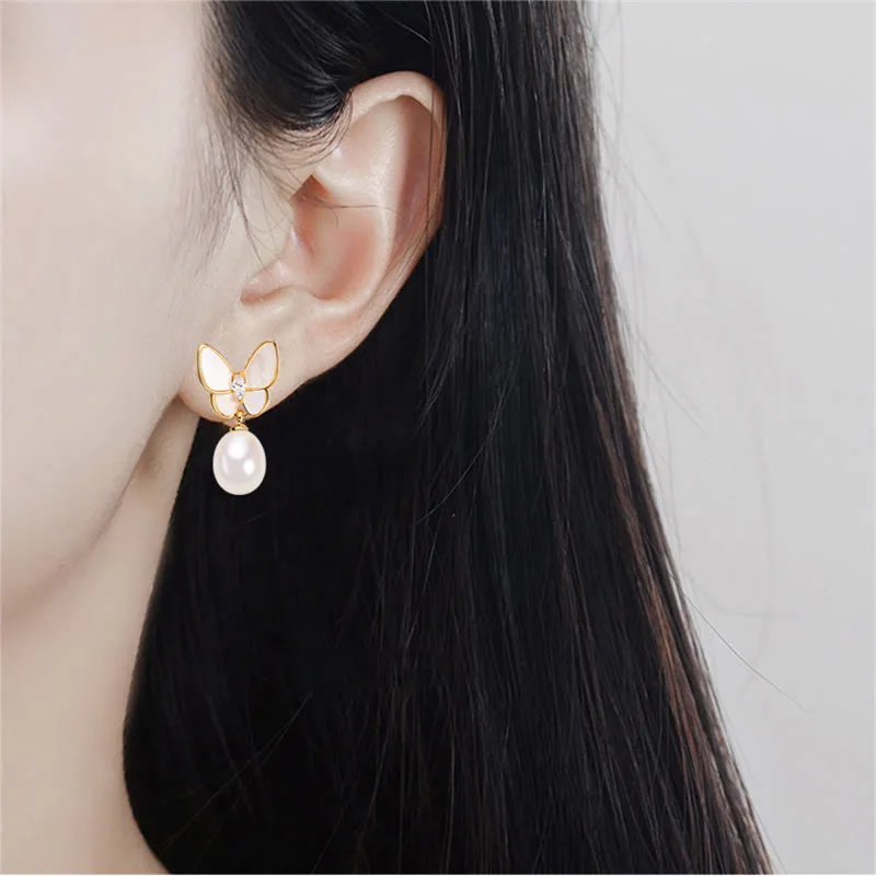 Mythstone 925 Sterling Silver Posts 18K Gold Plated Copper Pearl Butterfly Optimism Stud Earrings - Image 8