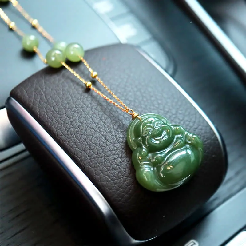 Mythstone Laughing Buddha Hetian Jade Luck Necklace Bead Chain Pendant - Image 2