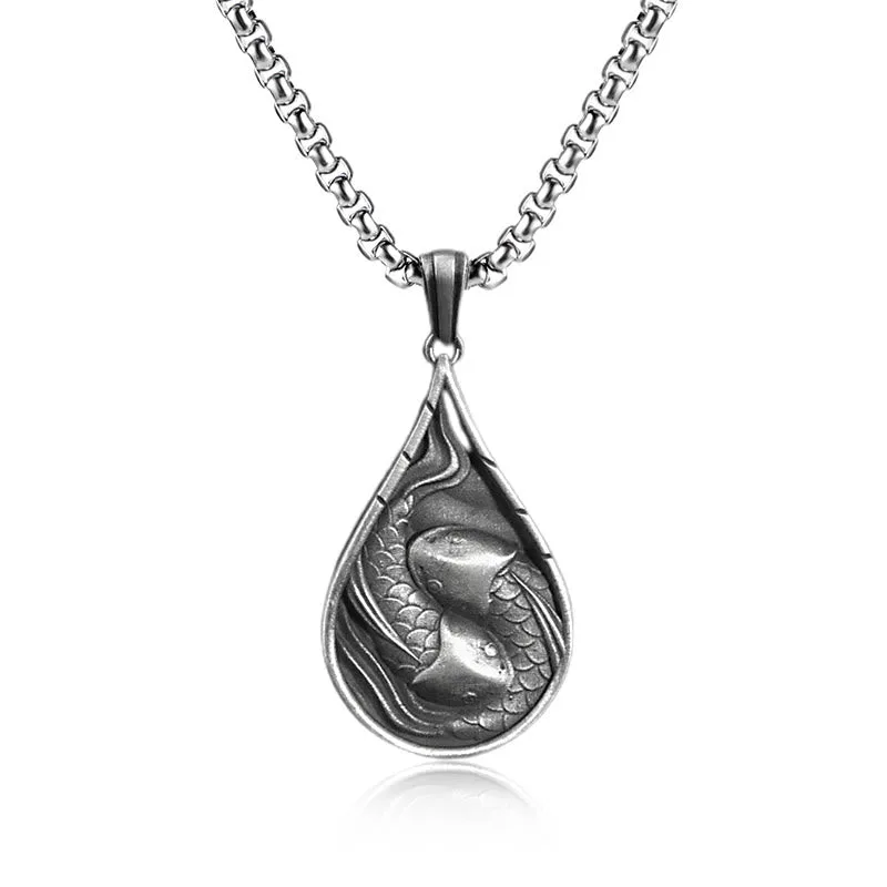 Mythstone - Double Lucky Koi Fish Prosperity Pure Tin Water Drop Pattern Necklace Pendant - Image 3
