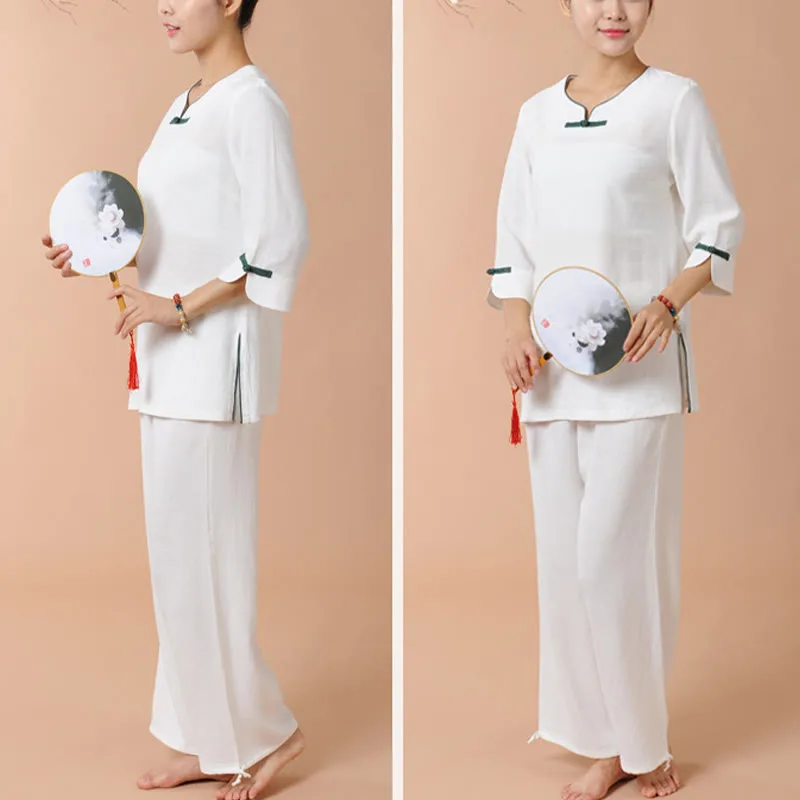 Mythstone 2Pcs Frog-Button Three Quarter Sleeve Shirt Top Pants Meditation Zen Tai Chi Linen Clothing Women's Set - Image 3