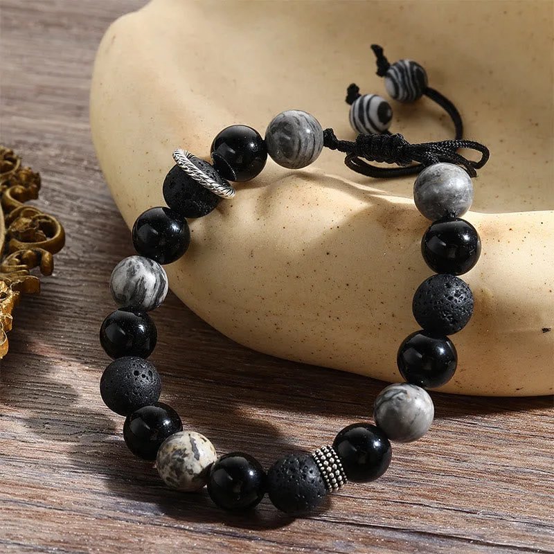 Mythstone Vintage Lava Rock Black Obsidian Picasso Jasper Beads Support Rope Bracelet - Image 3