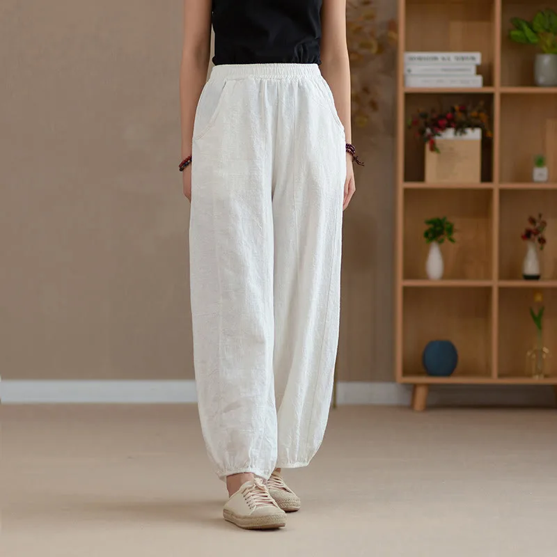 Mythstone Ramie Linen Flexible Waistband Yoga Harem Pants With Pockets - Image 17