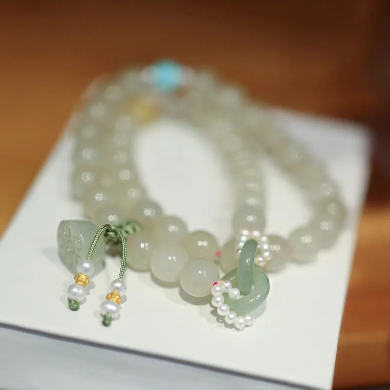 Mythstone 925 Sterling Silver Hetian Jade Double Peace Buckle Lotus Luck Double Wrap Bracelet - Image 7