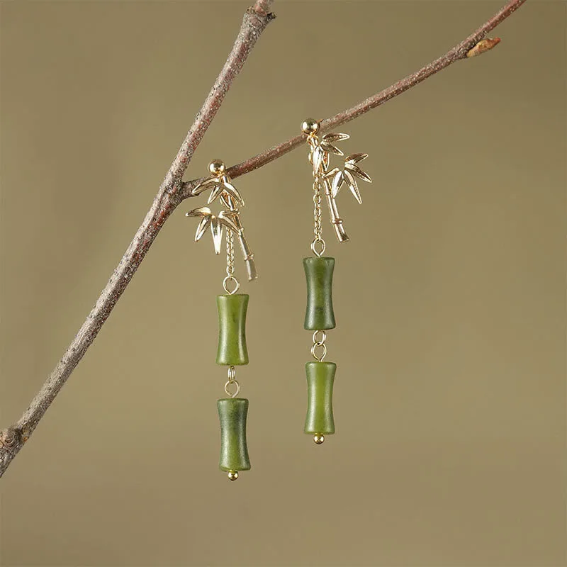 Mythstone 925 Sterling Silver Posts Copper Plated Gold Natural Peridot Bamboo Leaf Drop Earrings