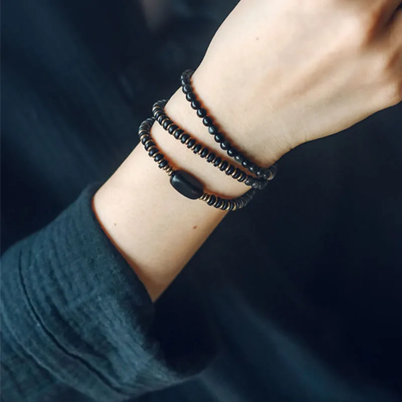 Mythstone Rainbow Obsidian Ebony Wood Copper Healing Triple Wrap Bracelet - Image 15