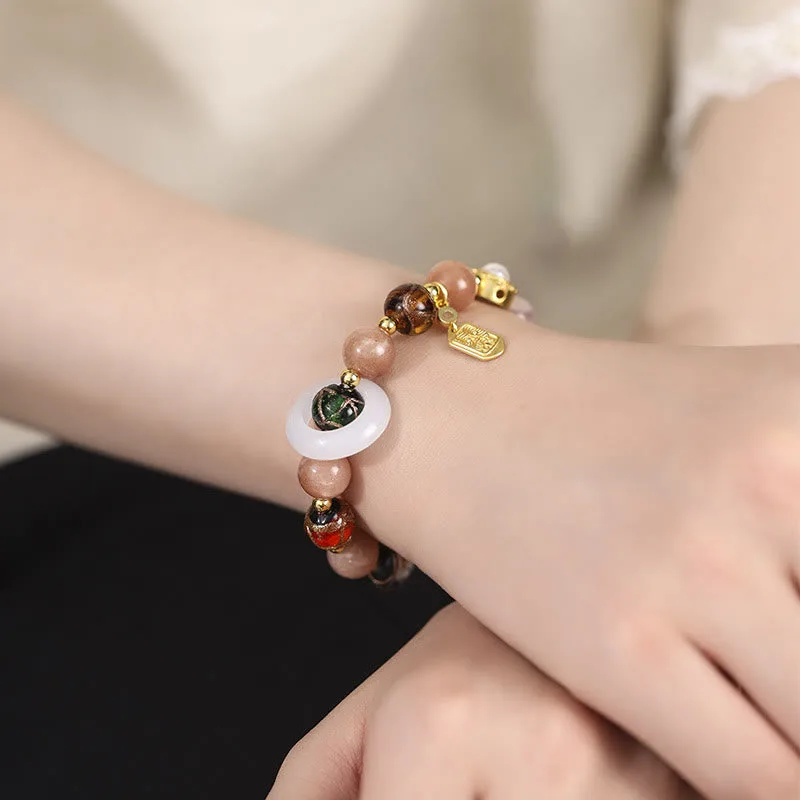 Mythstone Tibetan Incense Ash Liuli Glass Tridacna Stone Sun Stone Om Mani Padme Hum Prayer Wheel Charm Bracelet - Image 11