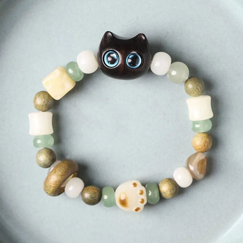 Mythstone Bodhi Seed Green Sandalwood Ebony Wood Small Leaf Red Sandalwood Cat Head Paw Claw Peace Bracelet - Image 3
